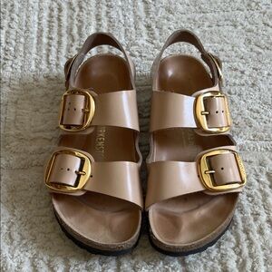 Birkenstock Nude Patent Triple-Buckle Sandals with Gold Buckles
